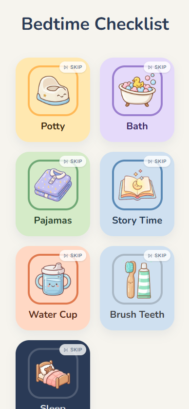 Bedtime Checklist — a grid of routine step cards (Potty, Bath, Pajamas, Story Time)