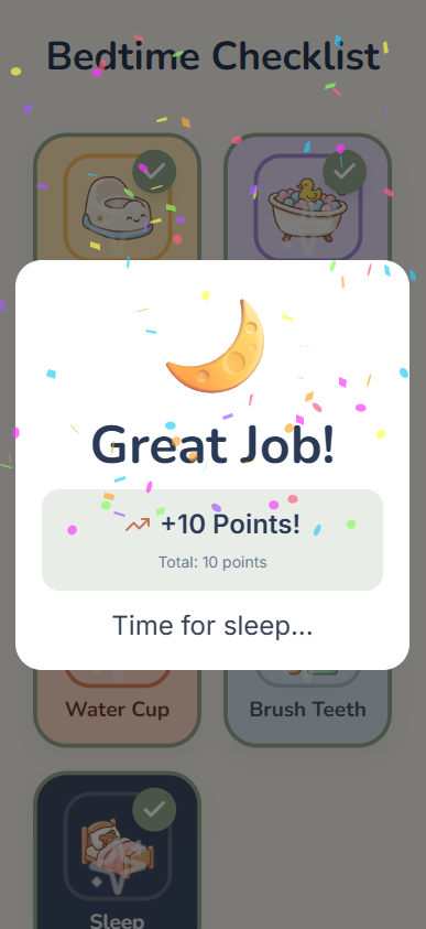 Great Job celebration — confetti and a plus-10 points reward after the routine