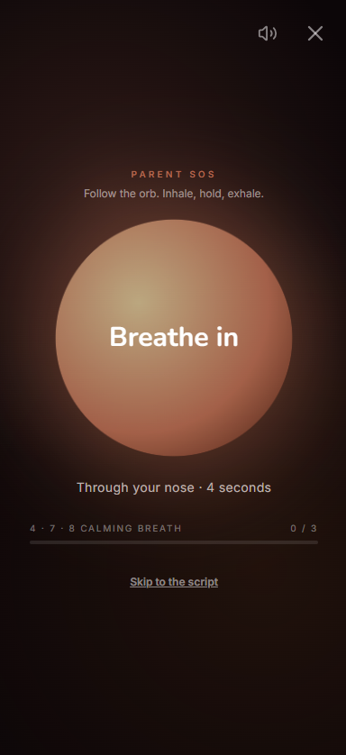Parent SOS — a guided breathing orb with the prompt Breathe In, four seconds