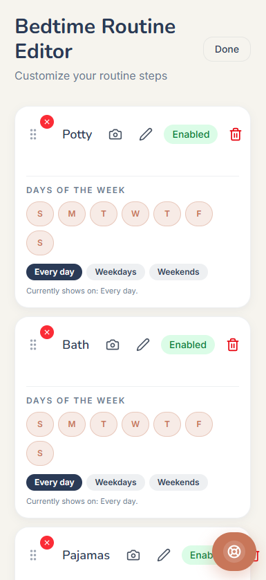 Bedtime Routine Editor — drag-to-reorder steps with day-of-week toggles